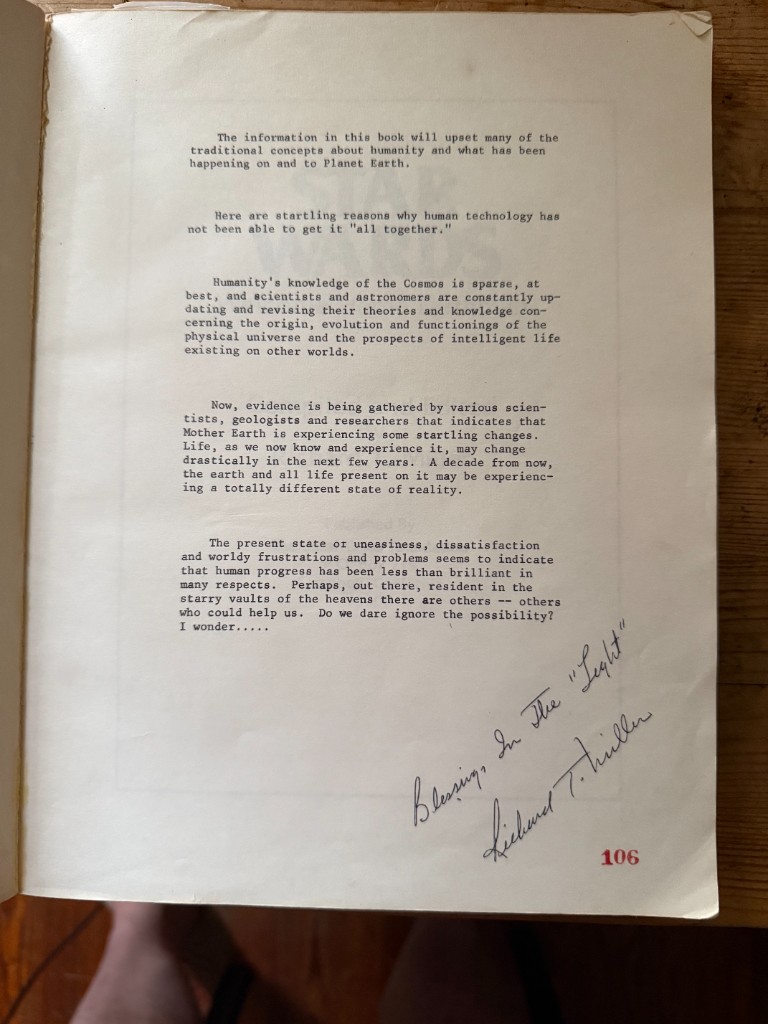 Autographed page from Richard T. Miller's _Star Wards_, with "Blessings In The 'Light'" in the inscription